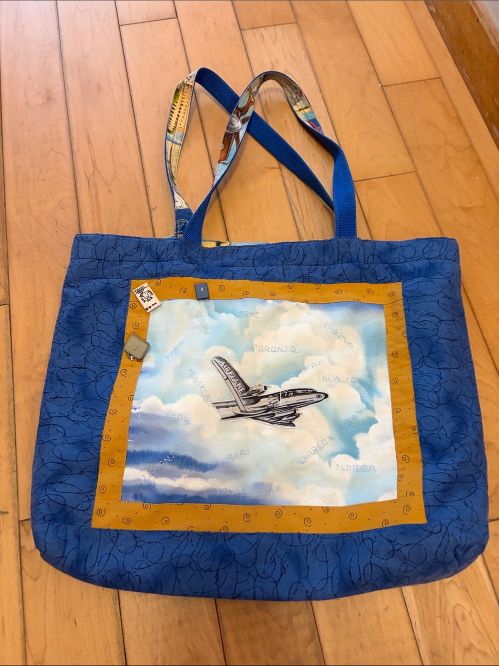 Hand made quilted Airplane Patchwork Tote Bag with embellishments.